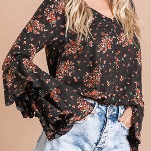 Ladies Juniors Boho Black & Red Floral Top Flowy Blouse - FINAL CLEARANCE